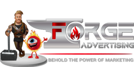Logo with a cartoon blacksmith, fire-eye character, anvil, and
