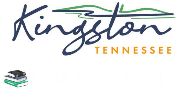 Kingston, Tennessee logo with stylized mountains and river, stacked books in corner.