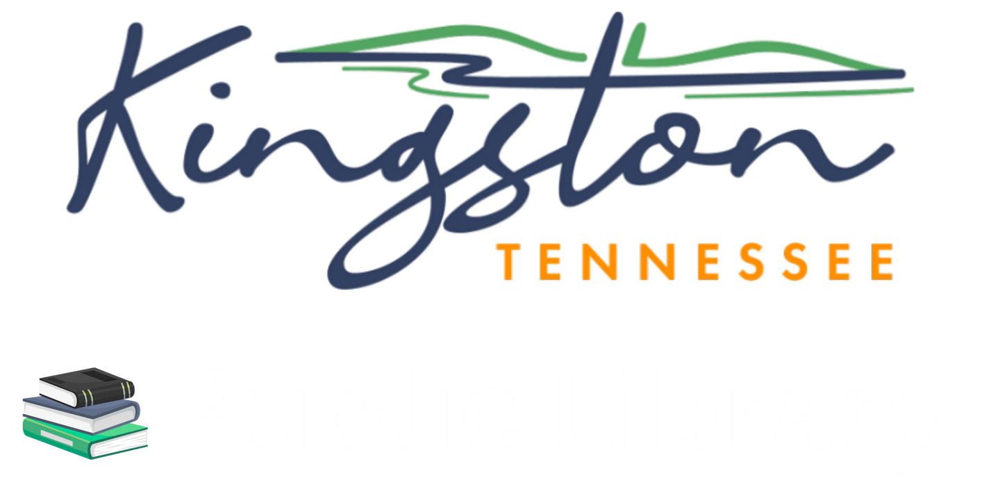 Kingston, Tennessee logo with stylized mountains and river, and books.