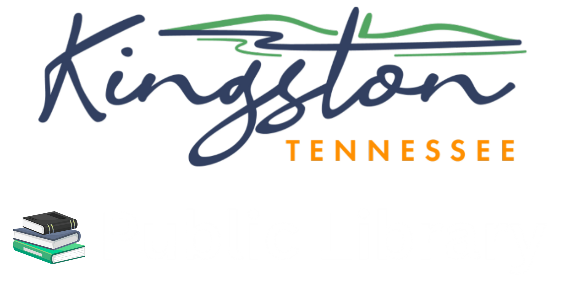 Kingston, Tennessee logo with stylized mountains and river, and books.