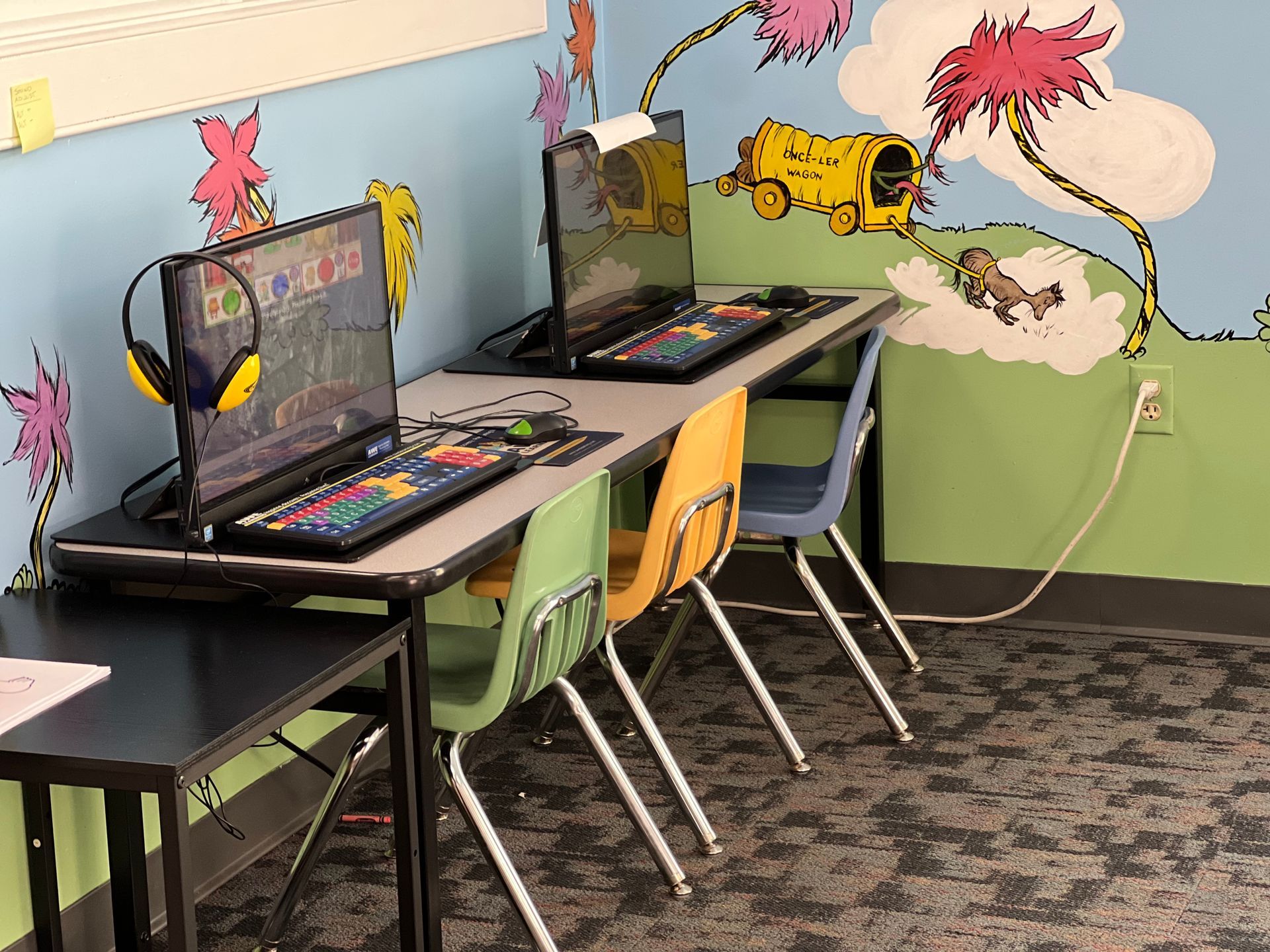 Computers on desks in a room with a Dr. Seuss mural. Chairs are in front of the desks.