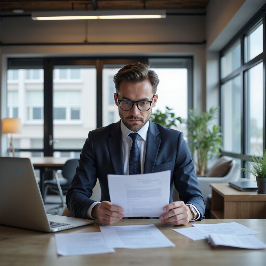 Man in suit reviewing documents at a desk in an office setting.