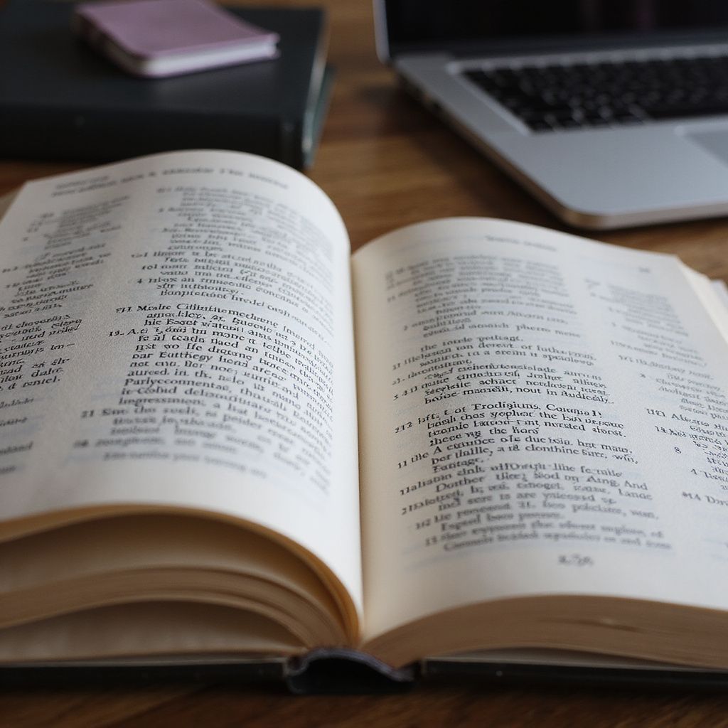 Open book with text on a wooden desk, laptop and small notebook in background.