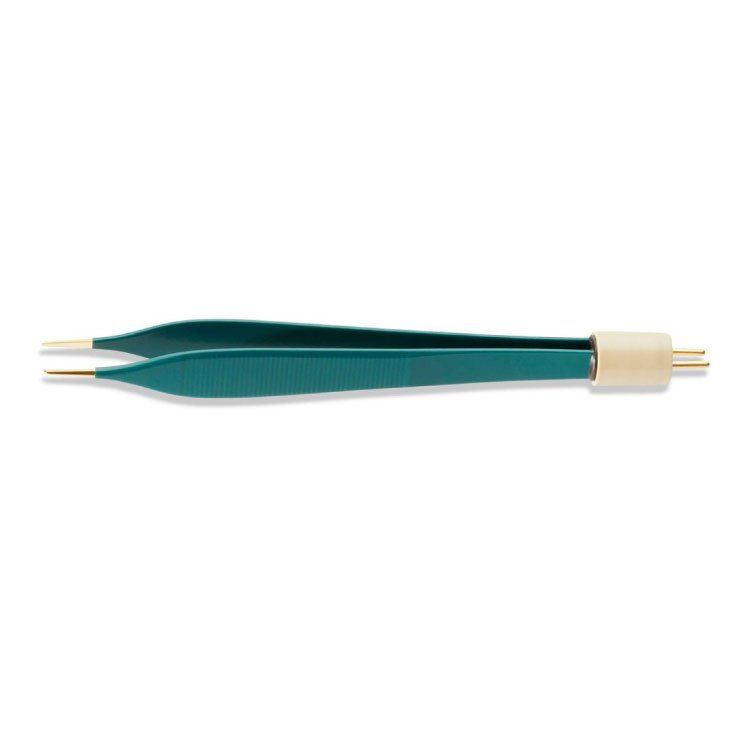 Green electrosurgical forceps with gold tips.