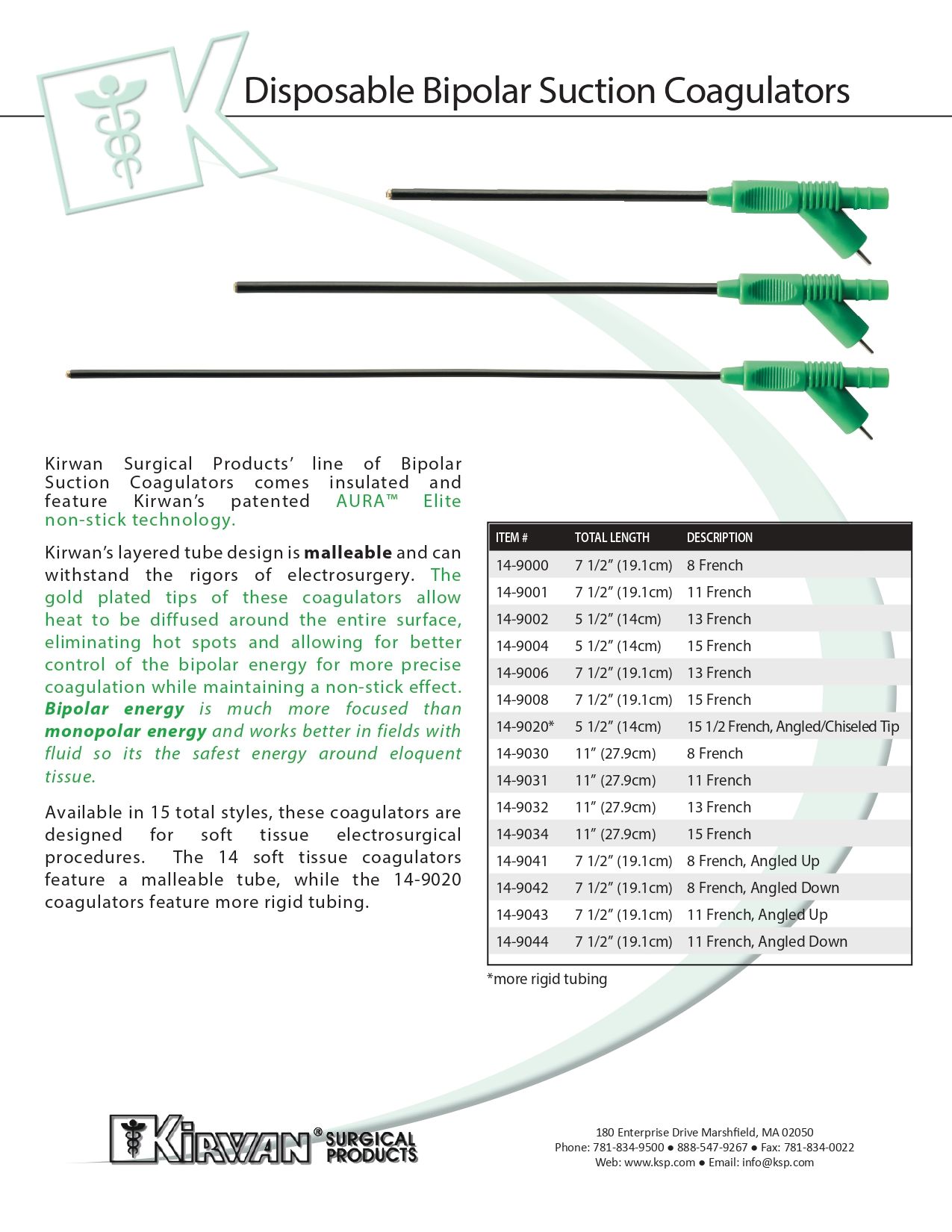 Medical equipment: Disposable bipolar suction coagulators. Several tools with green handles and black tubes.
