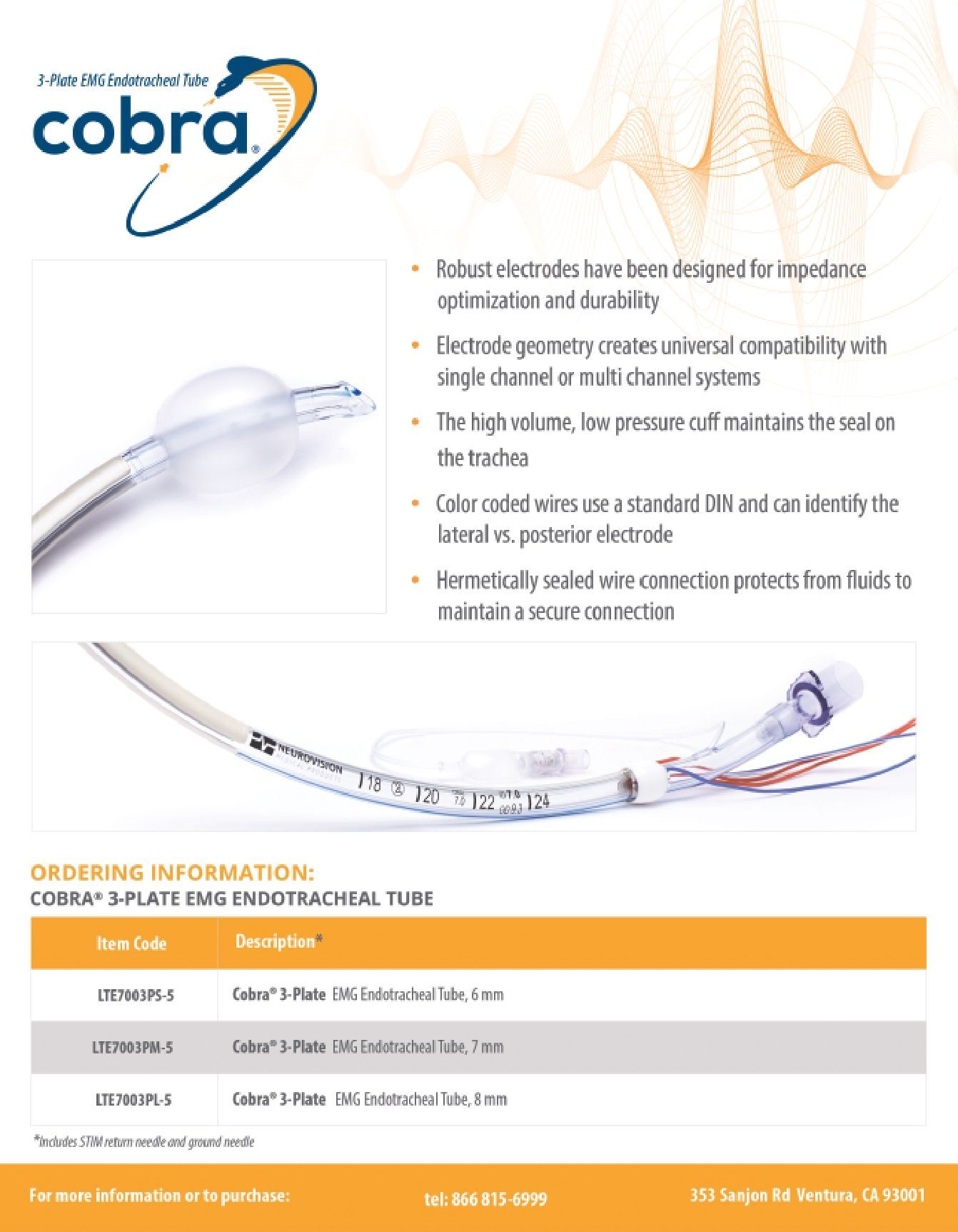 Diagram of a Cobra Endotracheal Tube. Details include tubes, balloon, and specs.