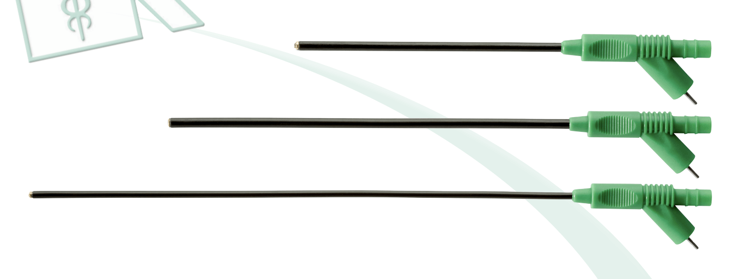 Three green and black medical probes.