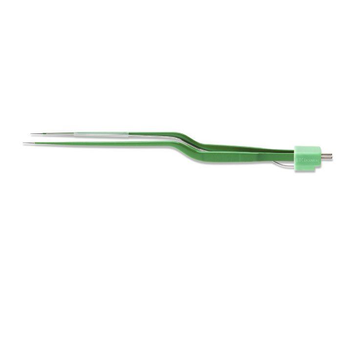 Green surgical bipolar forceps with slender tips.