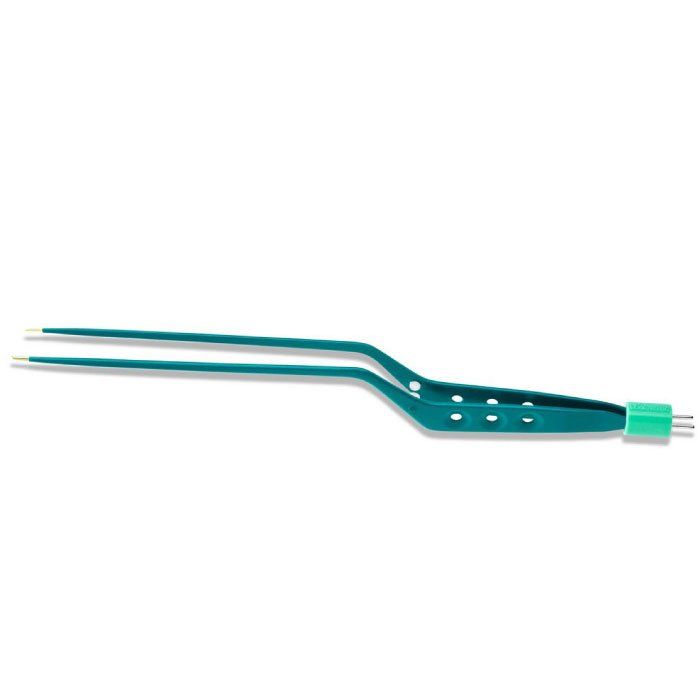 Green surgical bipolar forceps, used in medical procedures.