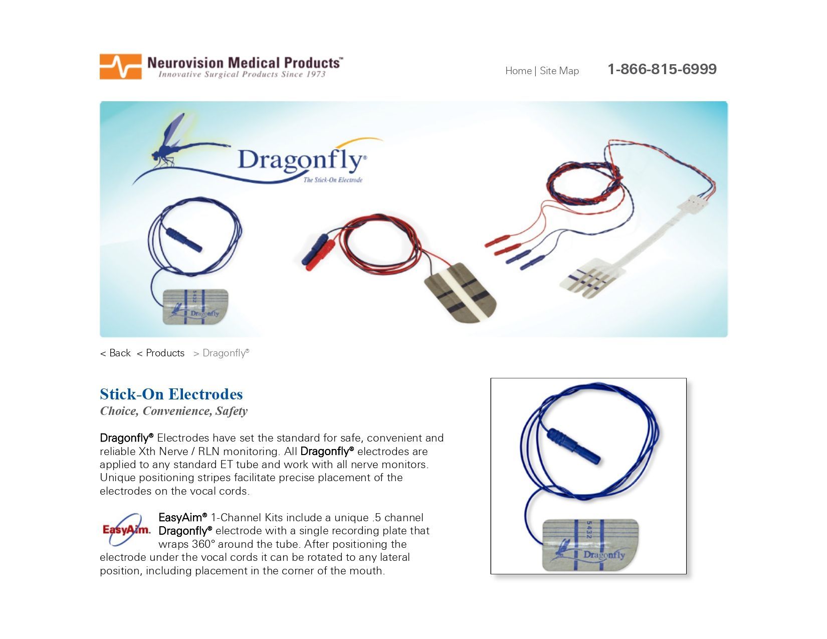 Dragonfly neurostimulation device diagram. Blue and red wires, grey rectangle, bird graphic.