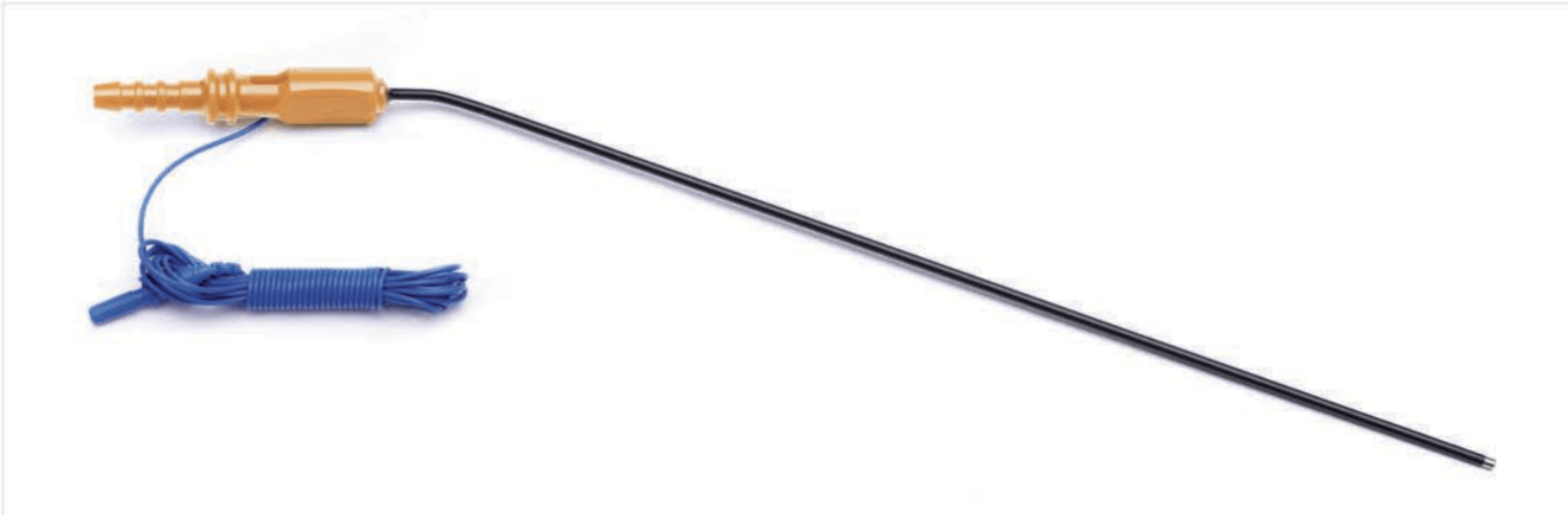 Medical suction catheter with a blue tip and orange connection.