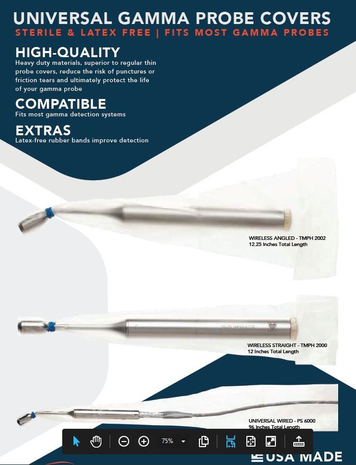 Promotional flyer: Universal gamma probe covers. Sterile, latex-free. Features probes in packaging; USA made.