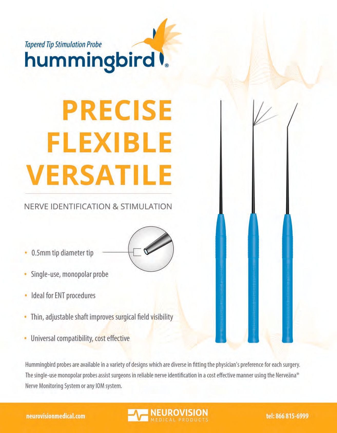 Flyer for hummingbird medical tools. Blue handles with thin, black probes. Text says 