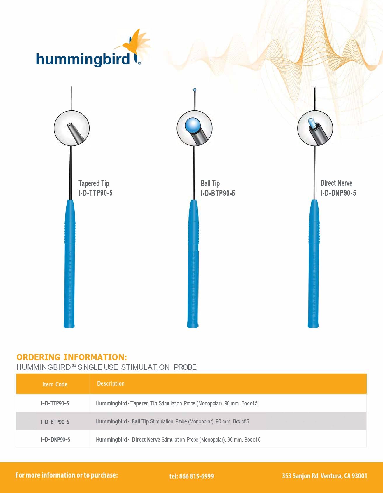 Hummingbird surgical instruments, three designs with blue handles and different tip shapes.