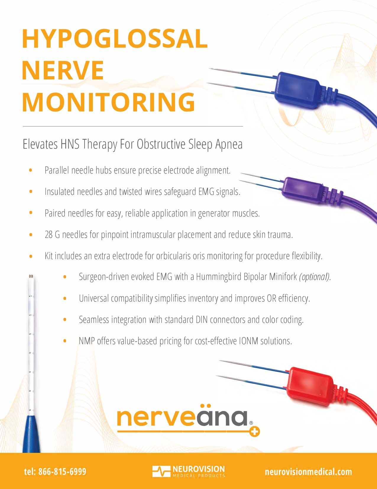 Hypoglossal nerve monitoring equipment: wires, various colors, orange background, 