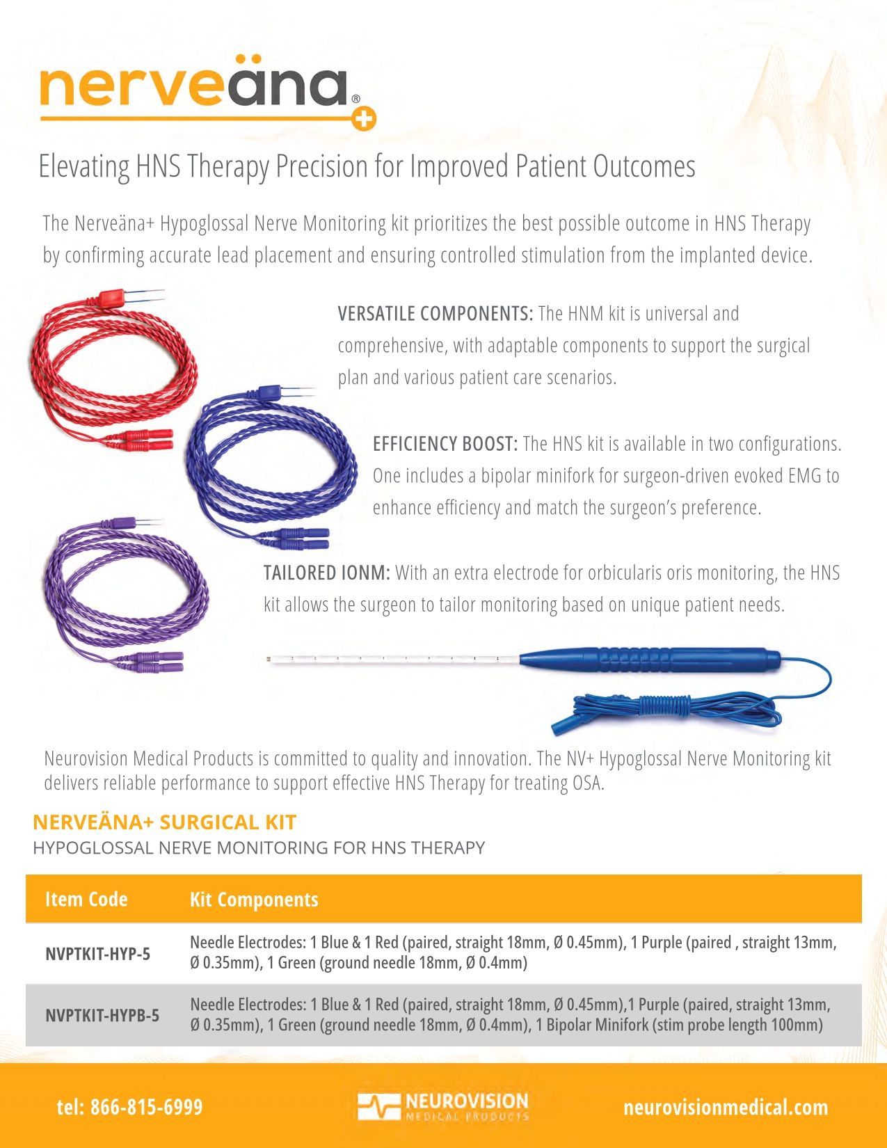 Brochure: NerveAna device, wires, and surgical instrument. Red, blue, purple wires. Instructions and contact info included.