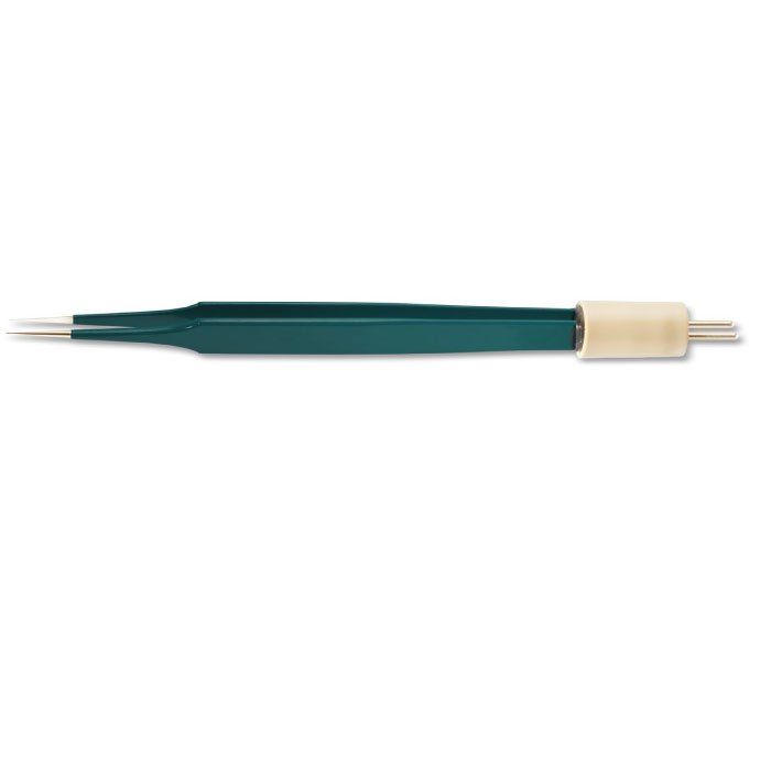 Green and tan medical tool with needles extending from both ends.