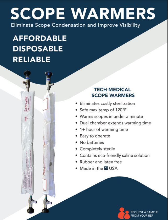 Flyer for TechMedical Scope Warmers. Shows two warmers, bullet points list features, and company logo.
