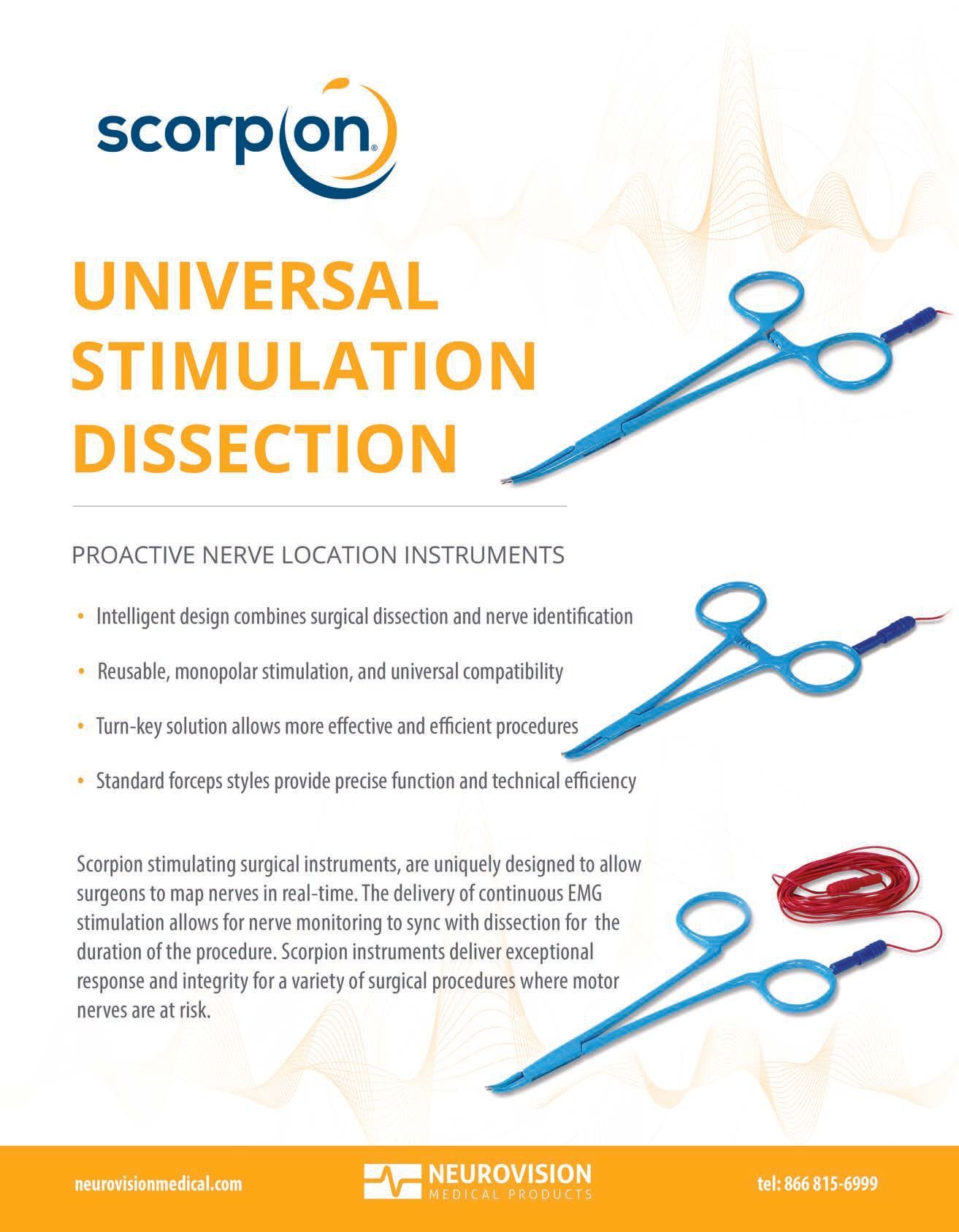 Brochure for Scorpion Universal Stimulation Dissection instruments; blue surgical tools on a white background.