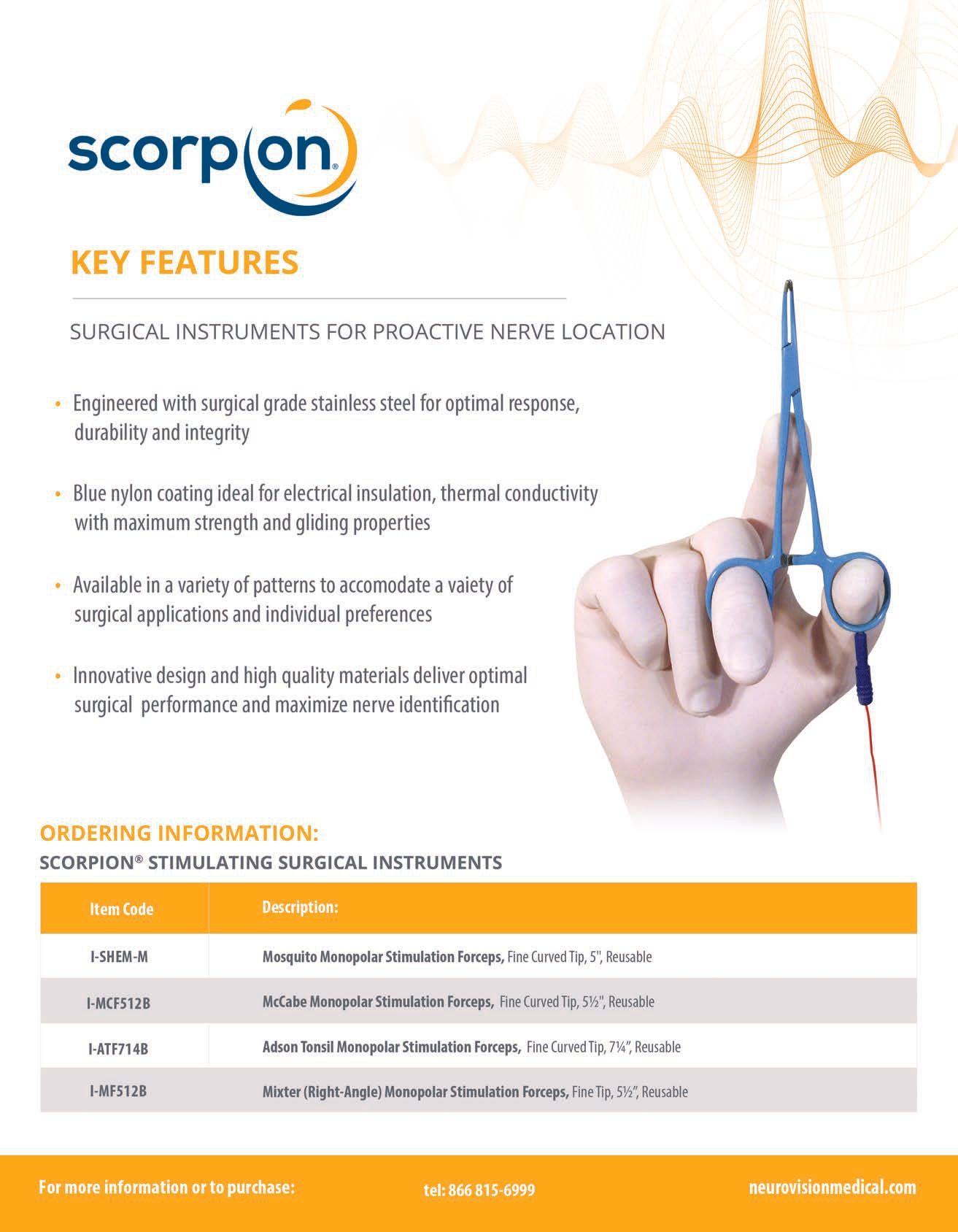 Surgical instrument with light blue handles and red tip held by gloved hand. Key features and ordering information.