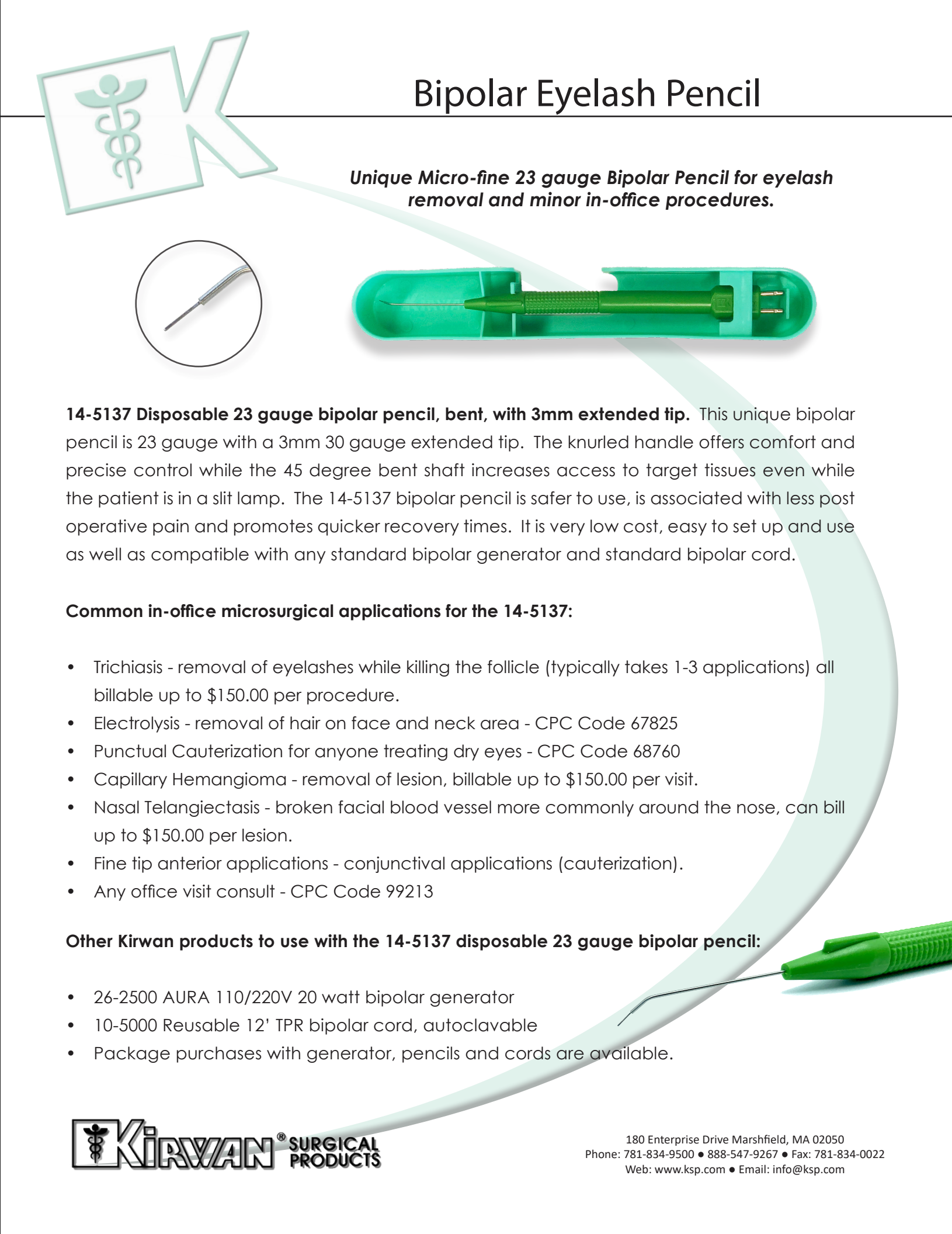 Bipolar Eyelash Pencil, a green pen-like device for precision surgical applications.