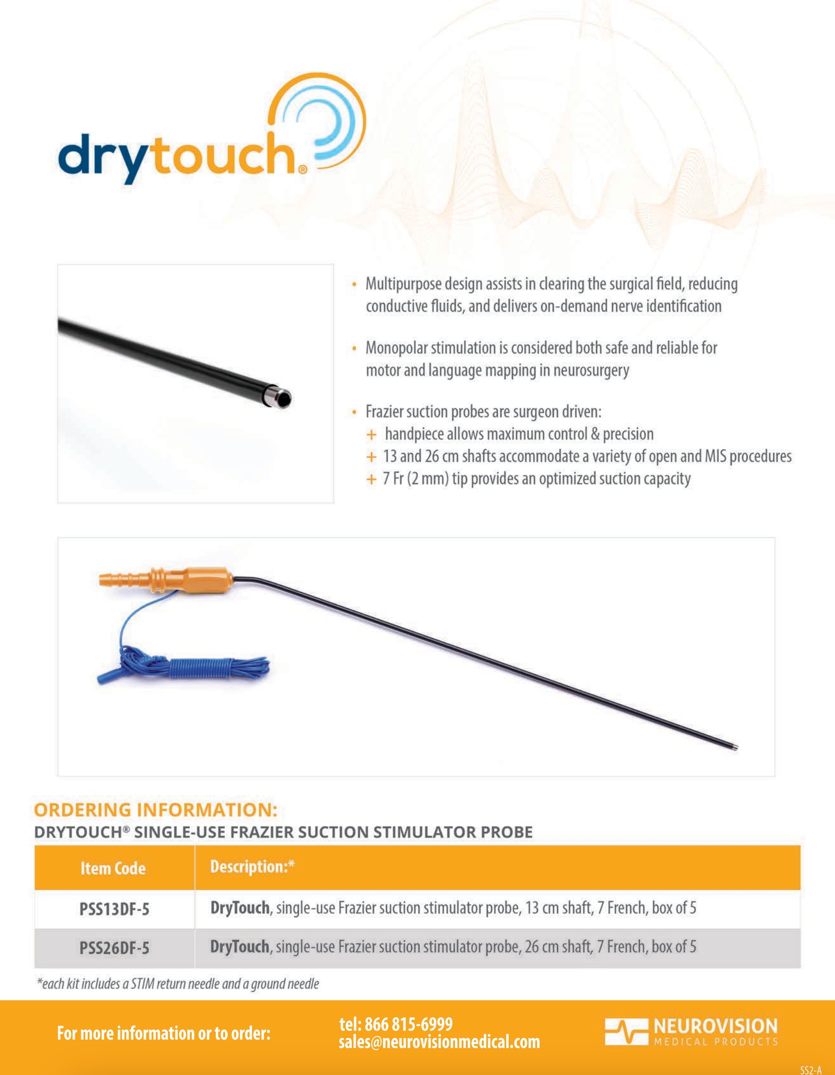 DryTouch medical device advertisement: black tube, product details and features listed, orange and blue accents.