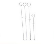 Four stainless steel inoculating loops of varying lengths against a white background.