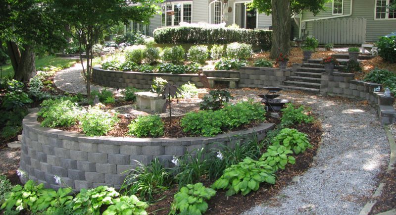 Tiered garden with stone retaining walls, plants, and gravel path.