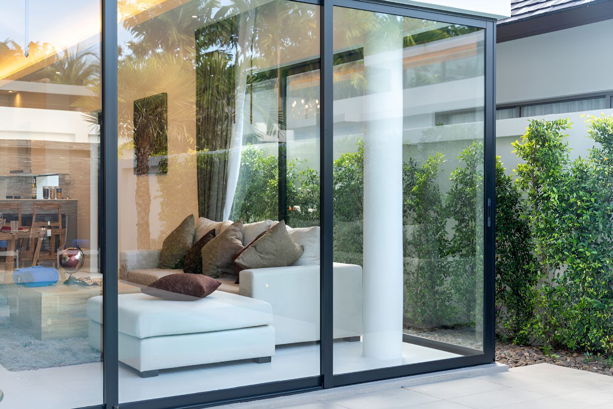 Large glass windows with a white couch and white pole — Twin Cities Glass In Albury, NSW