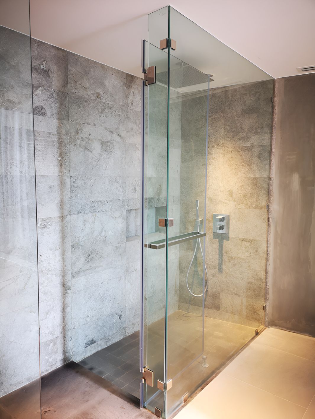 A Bathroom With a Walk in Shower With a Glass Door — Twin Cities Glass In Albury, NSW