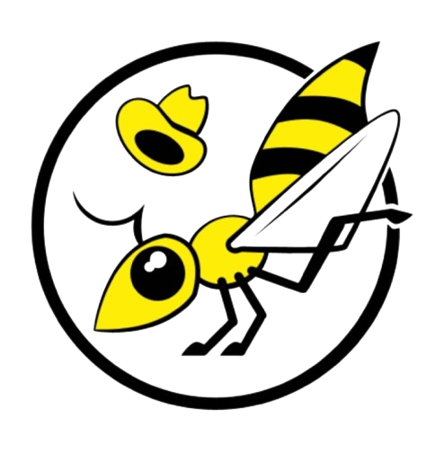 A yellow and black bee with a hat on its head is in a circle.