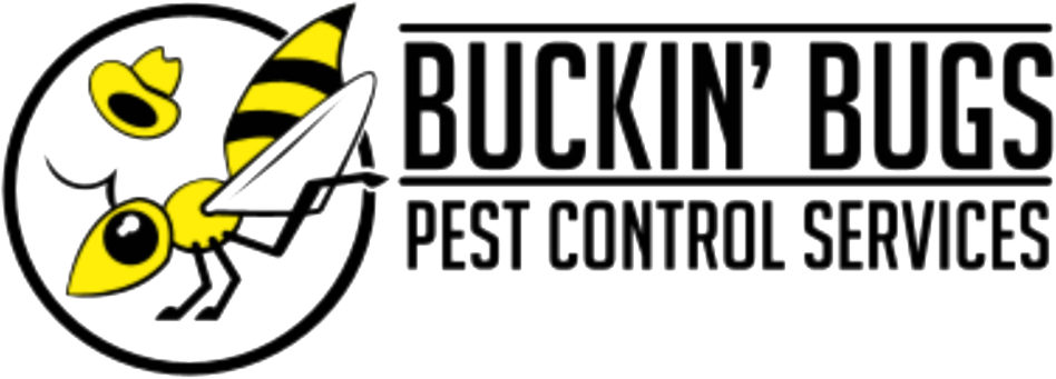 The logo for buckin ' bugs pest control services has a bee on it.