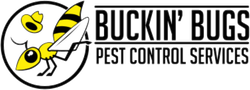 The logo for buckin ' bugs pest control services has a bee on it.