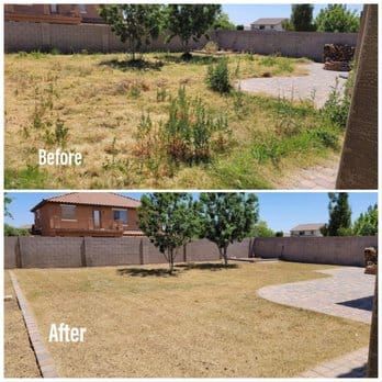 A before and after picture of a lawn with a house in the background