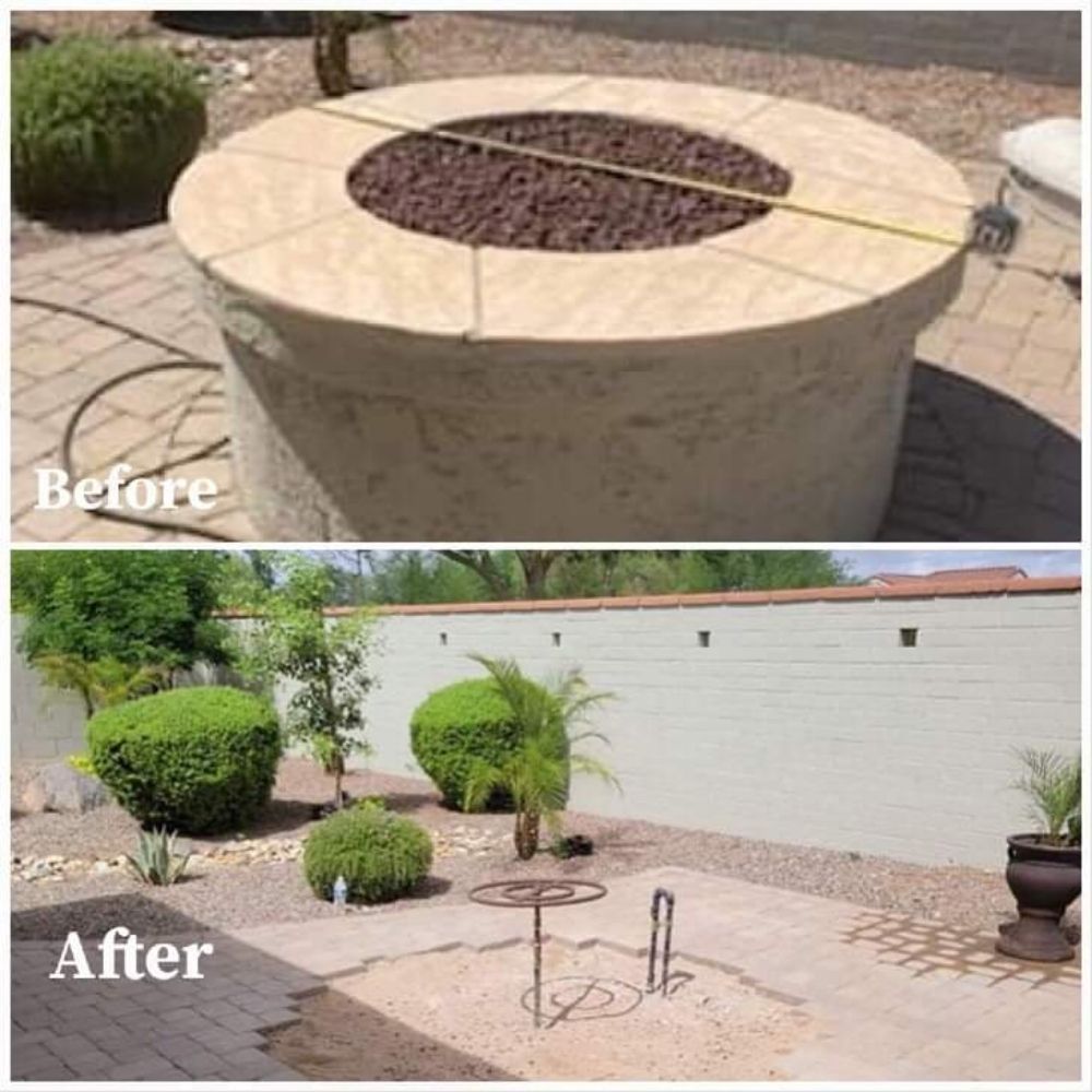 A before and after photo of a fire pit in a backyard.