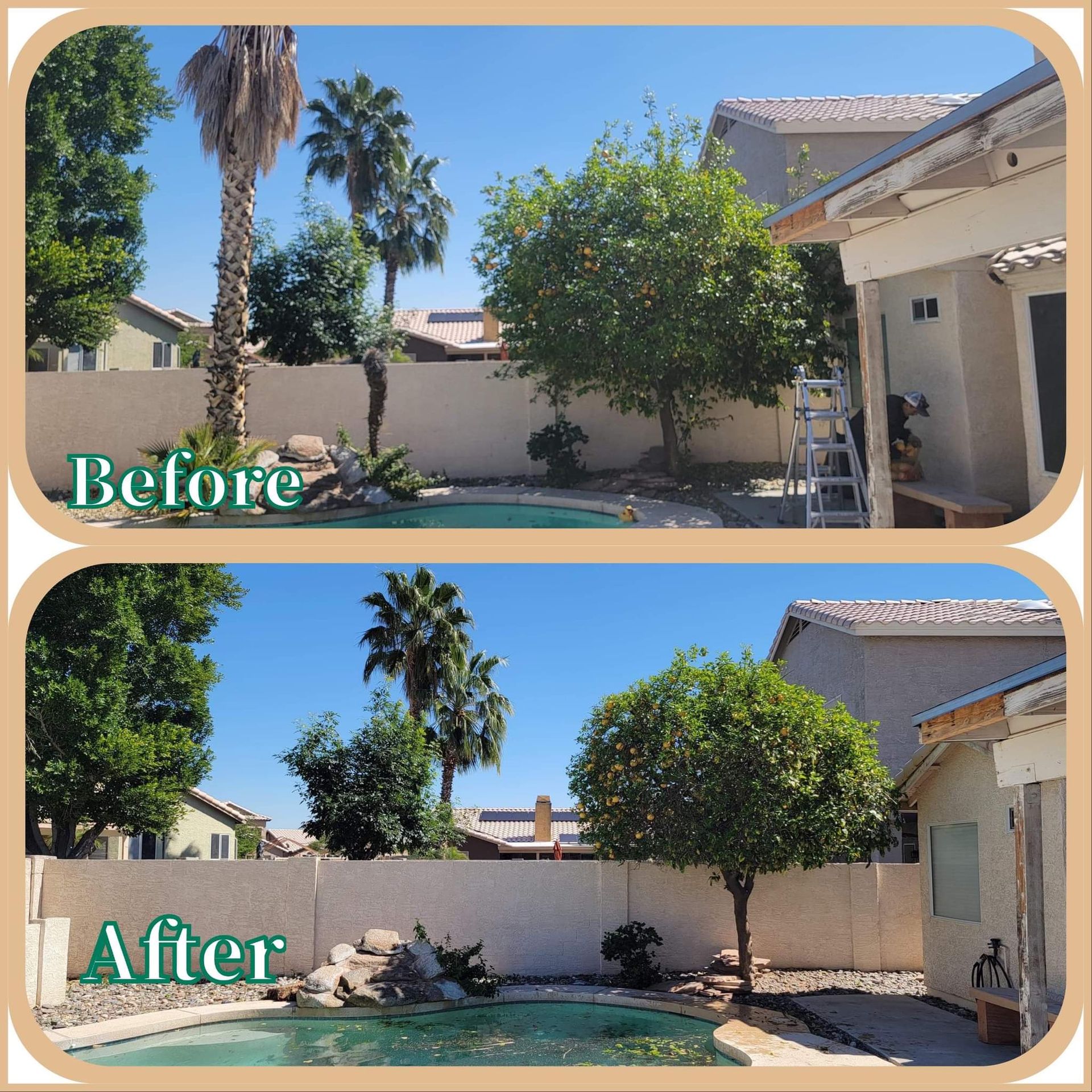 A before and after picture of a backyard with a pool