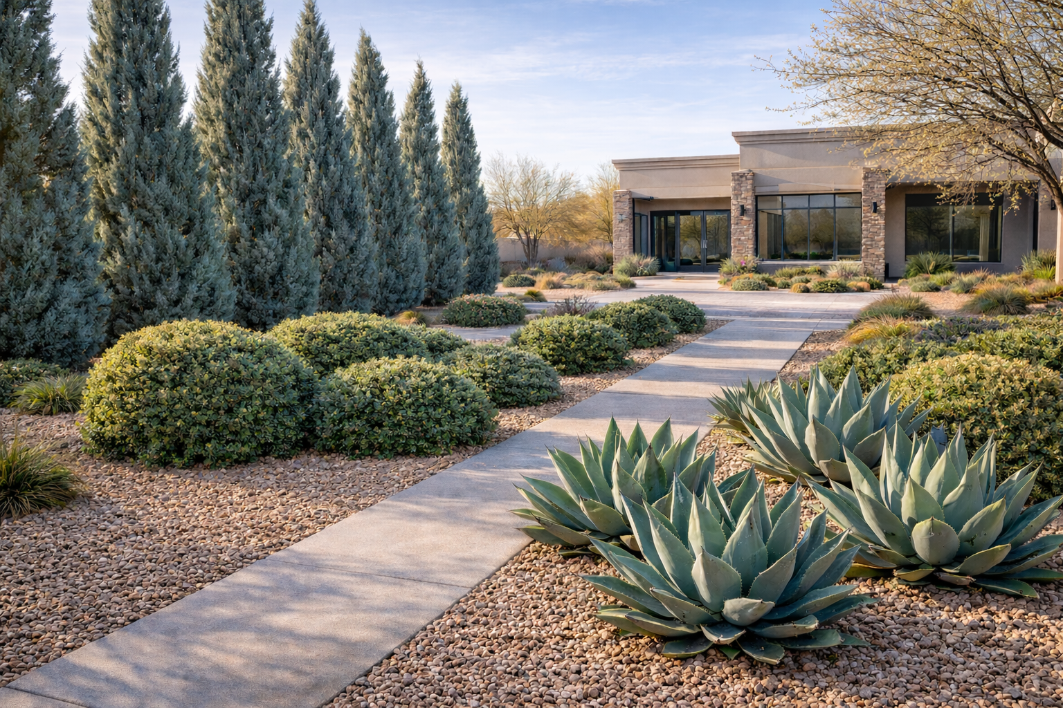 A Sharp, vibrant Arizona yard featuring evergreen shrubs, agave, and cypress trees in warm morning l