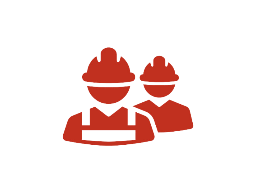 A red icon of two construction workers wearing hard hats.