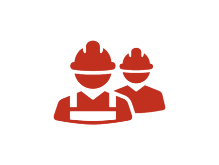 A red icon of two construction workers wearing hard hats.