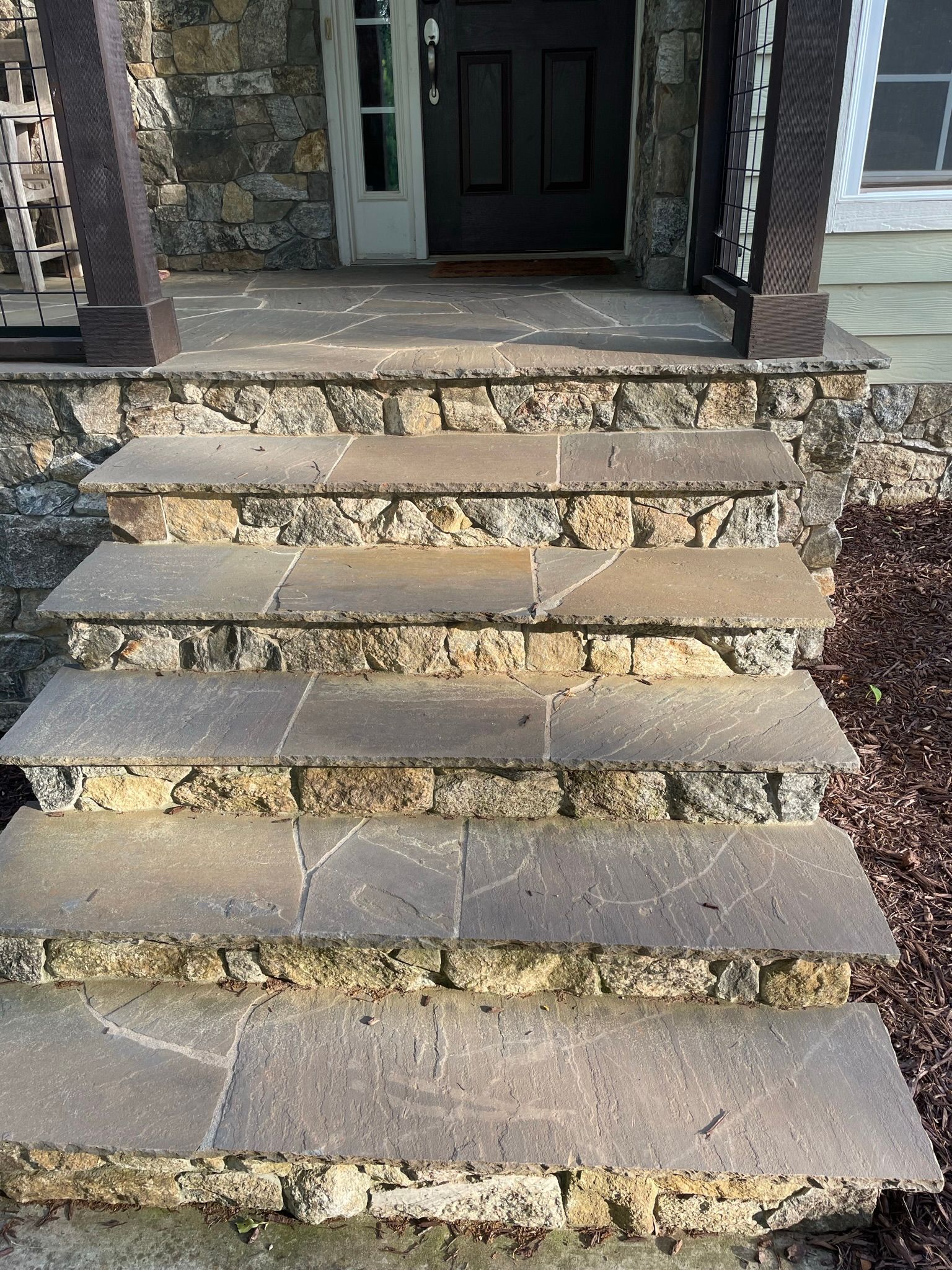 A stone staircase leading up to the front door of a house.