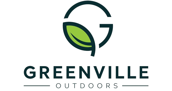 A logo for greenville outdoors with a green leaf in the middle.