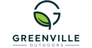 A logo for greenville outdoors with a green leaf in the middle.