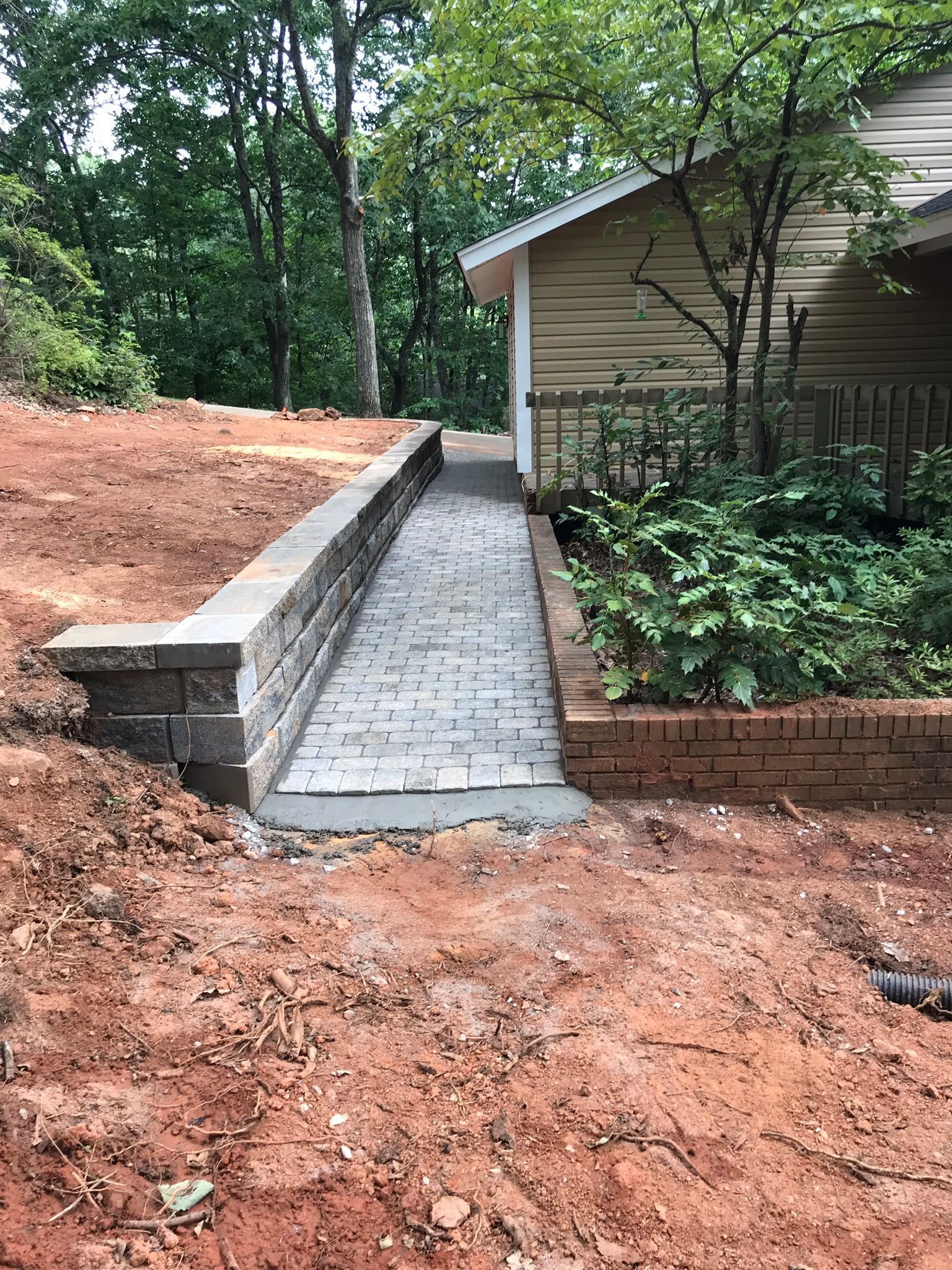 A stone walkway leading to a house in the woods.