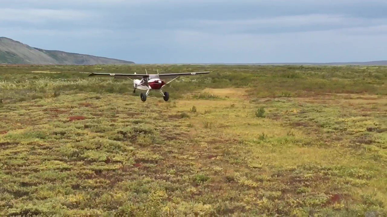 A small plane is flying over a grassy field.