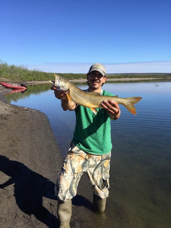 A man is standing in the water holding a large fish.