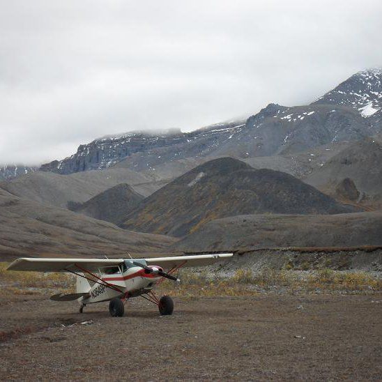 alaska bush plane is parked on the ground in front of mountains