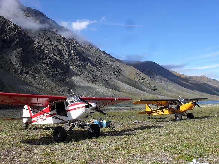 Two small planes are parked in a field with mountains in the background