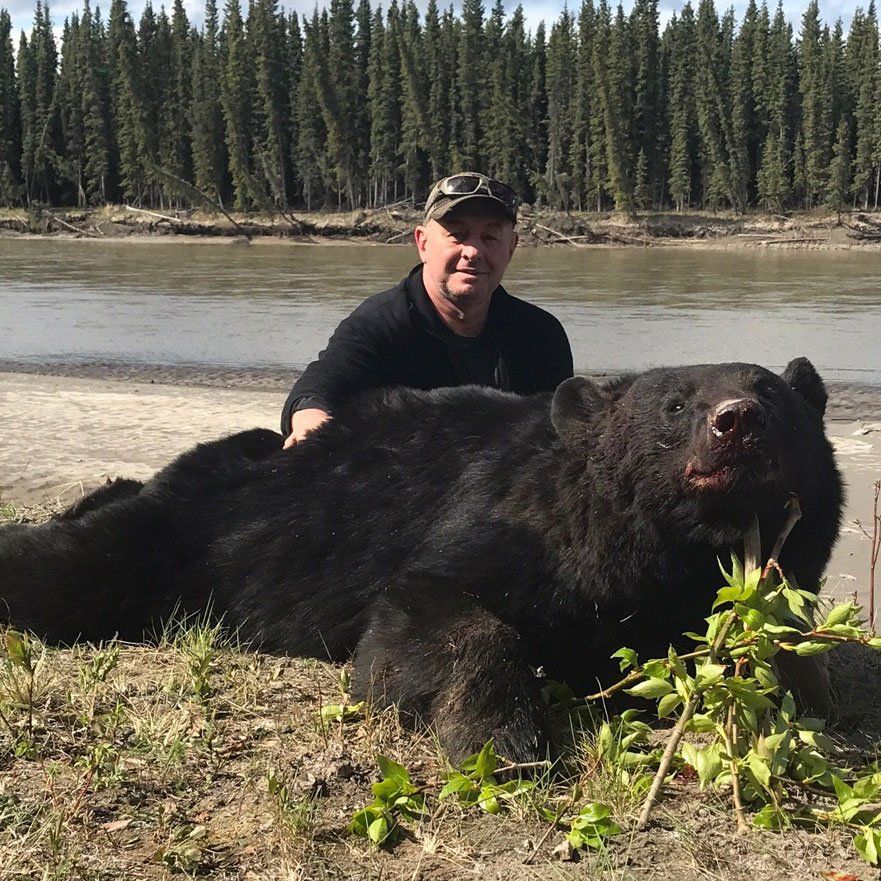 A man is standing next to a large black bear laying on the ground.