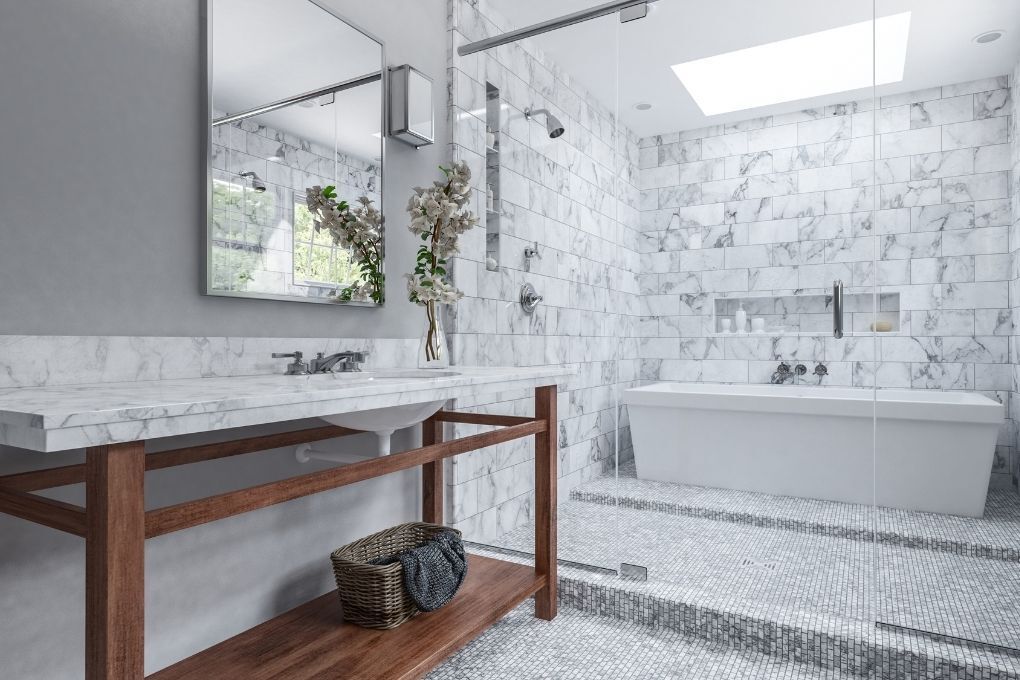 Zest Underfloor Heating Barnsley - completed white marbled tiled wet room