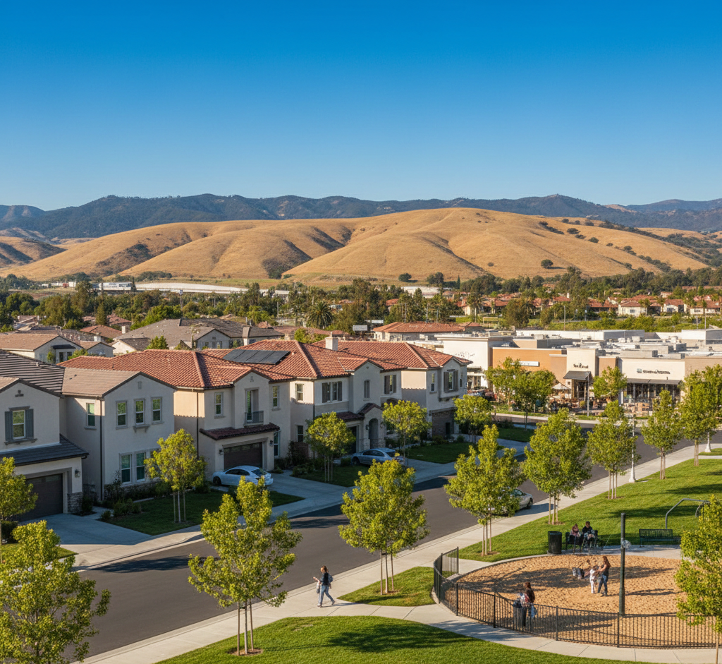 Spacious living room with blue sectional sofa, area rug, wooden floor, and a TV | Homes for Sale in Santa Clarita, CA